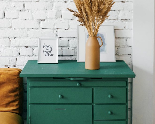 Green table with drawers